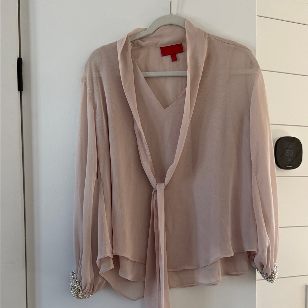 Sheer Blush Tie-Neck Blouse with Embellished Cuffs